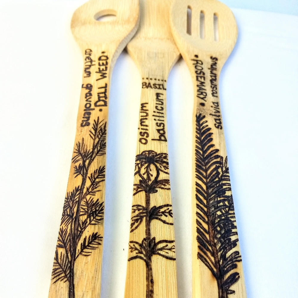 Kitchen Herbs Woodburned By Hand Bamboo Utensils